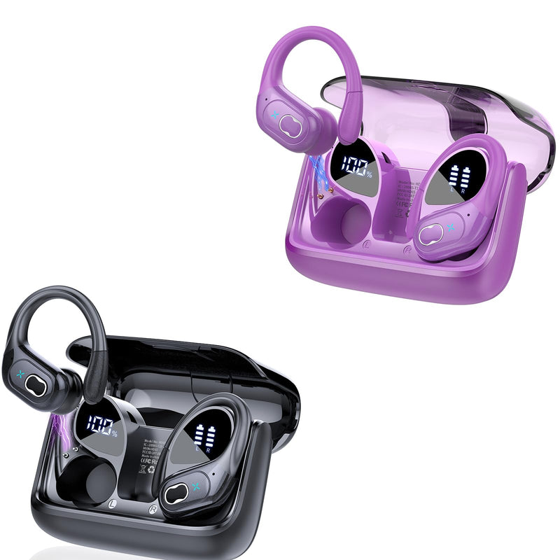 Aptkdoe 2 Sets Wireless Earbuds Sport, Bluetooth 5.4 Over Ear Buds Stereo Deep Bass Over Ear Bud with Earhooks, 75H Wireless Earphones with Mic, IPX7 Waterproof Earphone for Sports Black+Purple