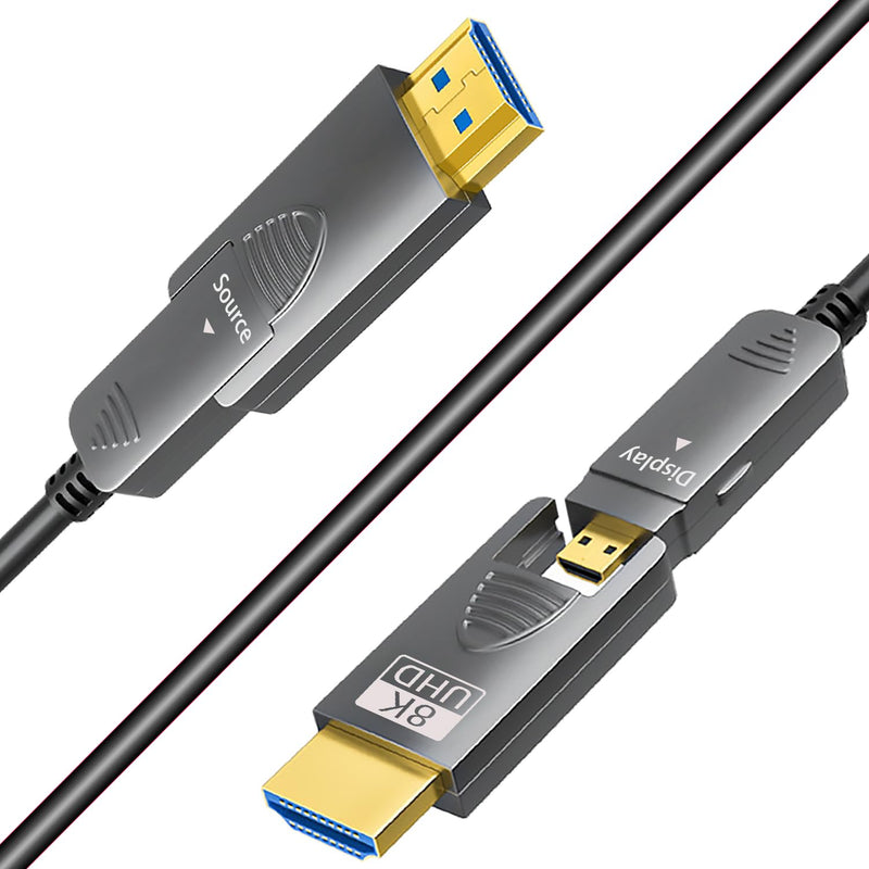 25ft 8K Fiber Optic HDMI Cable, Micro HDMI to HDMI 2.1, Detachable Type A+D, 48Gbps Ultra Speed, HDR, 3D, eARC, in Wall CL2 / CL3 Rated, Slim and Flexible for PS5 Project TV 25ft Fiber 8K 2AD