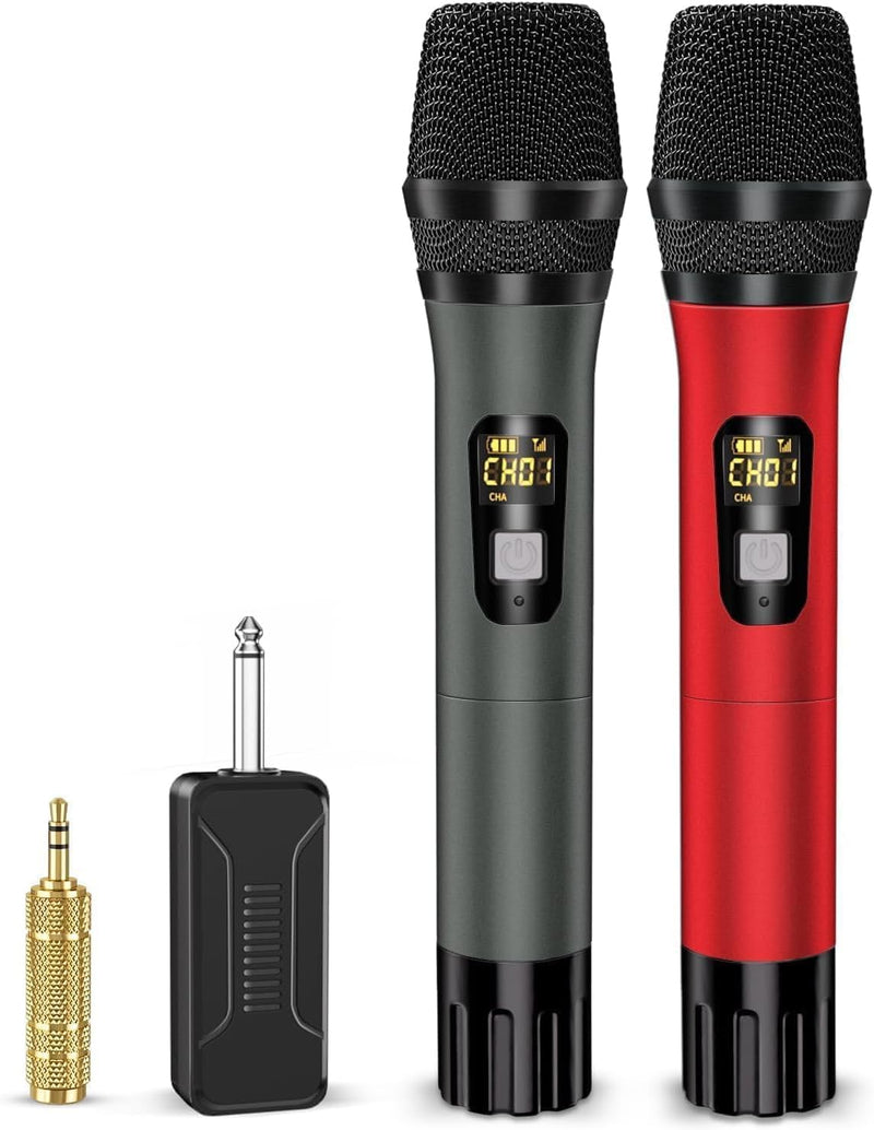 [AUSTRALIA] - Wireless Microphones, Professional UHF Metal Dual Handheld Cordless Dynamic Mic System with Rechargeable Receiver, 1/4" Output, 160ft Range, Auto Connect for Karaoke, Party Singing, Church, Speech, DJ Red&Gray 