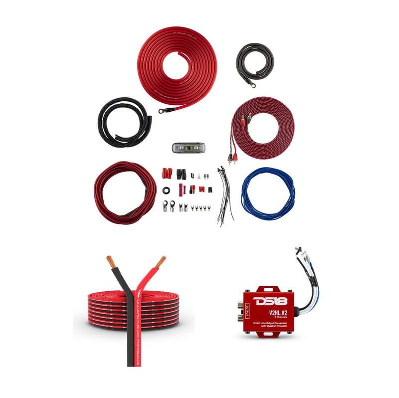 DS18 Car Audio Wiring & Integration Bundle - Speaker Wire, Amplifier Installation Kit and Hi/Lo Converter 2-Channel