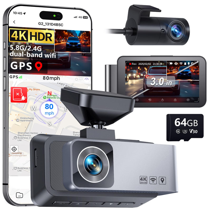 Dash Cam Front and Rear, 4K HDR Dash Camera for Cars, 3" IPS Screen Dash Cam Built-in GPS with 5.8G WiFi UHD Night Vision Free 64G Card, Parking Monitor, G-Sensor