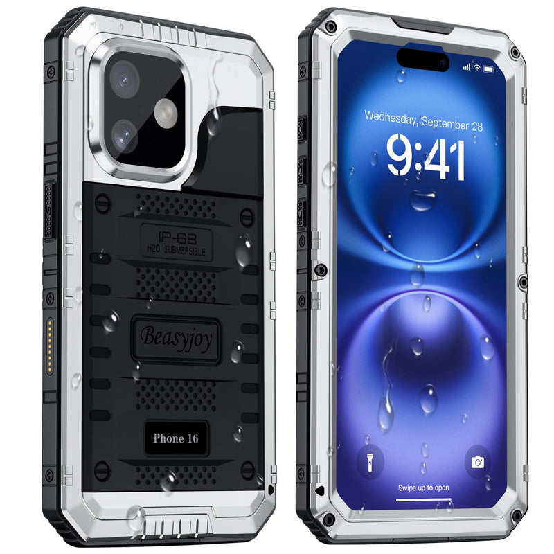 Beasyjoy for iPhone 16 Case Waterproof, Metal Heavy Duty Full Body Protective Case with Built-in Screen Protector, Military Grade Shockproof Dustproof Defender Rugged Cover for iPhone 16 6.1" Silver