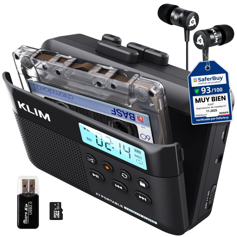 [AUSTRALIA] - KLIM K7 Cassette Tape Player + Cassette to MP3 Converter + Portable Cassette Player + Built-in Microphone & Speaker + Rechargeable Battery + Earphones + 32GB SD Card 32GB Black 