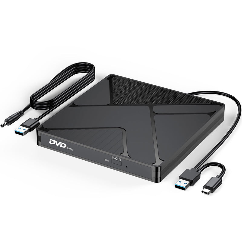 External DVD Drive, USB3.0/USBC DVD Player Reader Burner with Power Supply | for HP Lenovo Laptop MacBook Pro/Air/Neo mini PC, Win7/8/9/10 macOS Linux Black USB+USBC