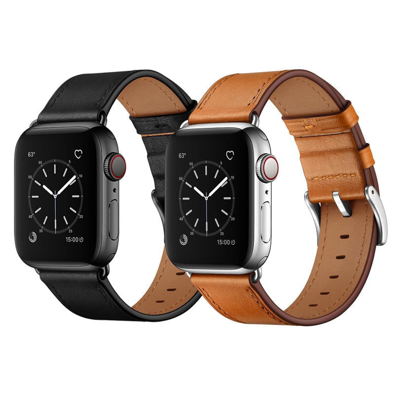 OUHENG Compatible with Apple Watch Band 42mm(Series 10) 41mm 40mm 38mm, Genuine Leather Band Replacement Strap Compatible with Apple Watch (Black/Black+Brown/Silver)