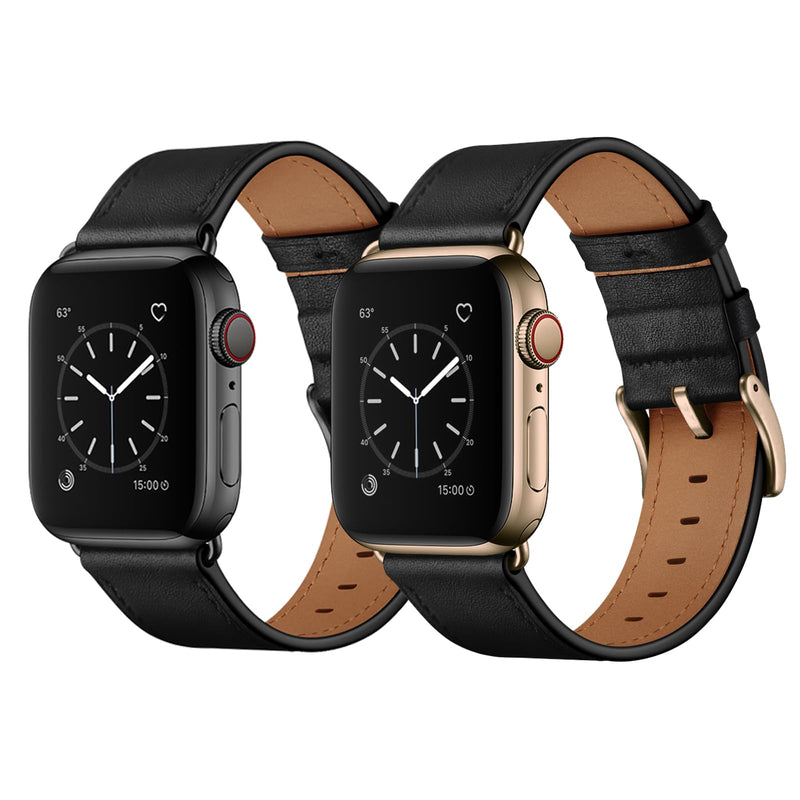 OUHENG Compatible with Apple Watch Band 42mm(Series 10) 41mm 40mm 38mm, Genuine Leather Band Replacement Strap Compatible with Apple Watch (Black+Black/Bronze Gold)