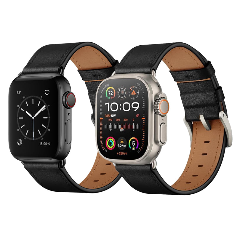 OUHENG Compatible with Apple Watch Band 42mm(Series 10) 41mm 40mm 38mm, Genuine Leather Band Replacement Strap Compatible with Apple Watch (Black+Black/Titanium)
