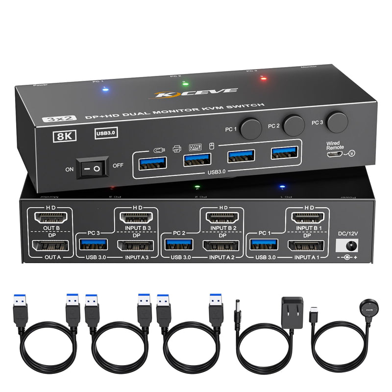 KVM Switch 2 Monitors 3 Computers HDMI + DisplayPort, KCEVE USB 3.0 DP KVM Switcher, 8K@30Hz/4k@144Hz Dual Monitor DP KVM for 3 PC Share 2 Display and 4 USB 3.0 Devices Black 17.1 CM 3x2 kvm switch dp+hdmi