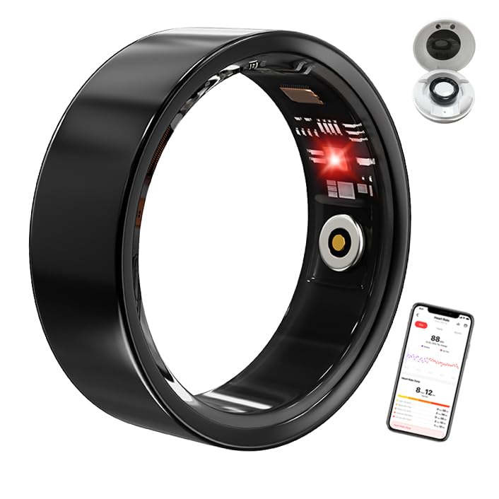 Smart Ring, No Subscription Fee, Heart Rate/Blood Oxygen/Sleep Monitor, Pedometer,IP68 Waterproof Fitness Tracker for iPhone &Android Black 9