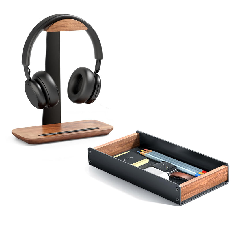 UPERGO Walnut Headphone Stand for Desk, Desk Tray Organizer, Nightstand Organizer