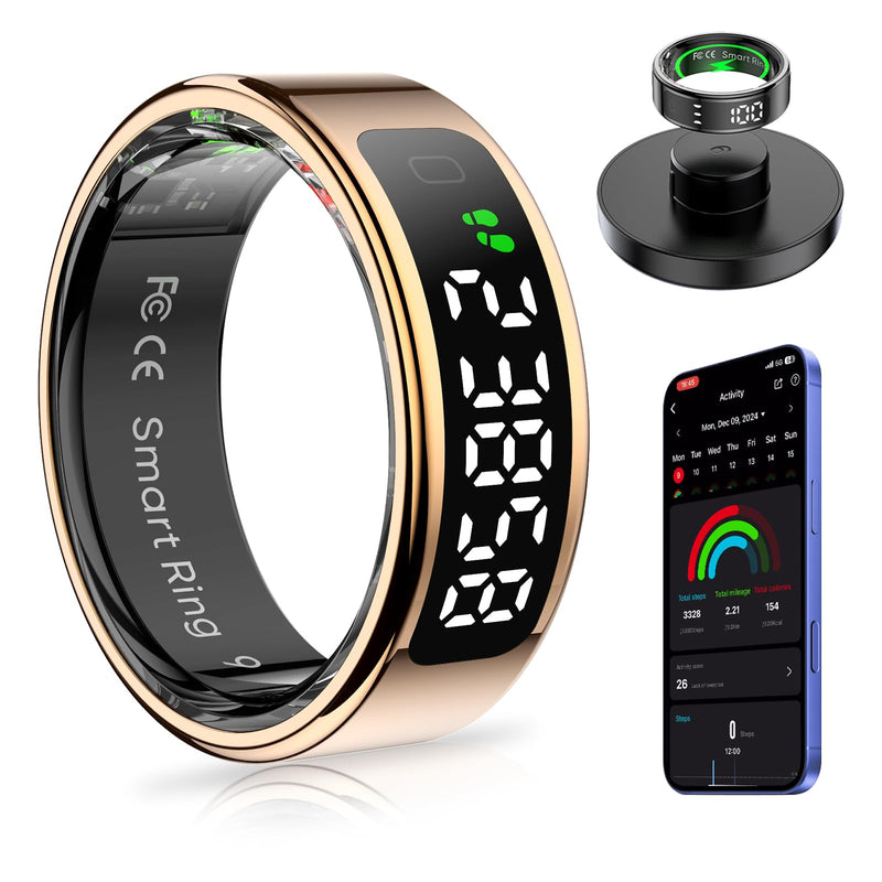 Smart Ring with Display Screen Health Tracker and Touch Button, Bluetooth Connection Health Ring Tracks/Sleep/Sports Activities, IP68 Waterproof (Gold, 11#) Gold #11