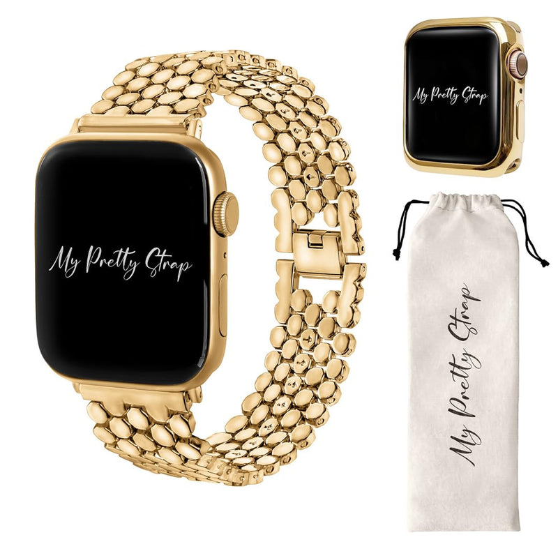 My Pretty Strap Gold Apple Watch Band & Glossy XOXO Protective Case Bundle – Elegant Stainless Steel Strap & Luxury Metal Cover for Apple Watch Series 1-11, SE & Ultra (41MM)