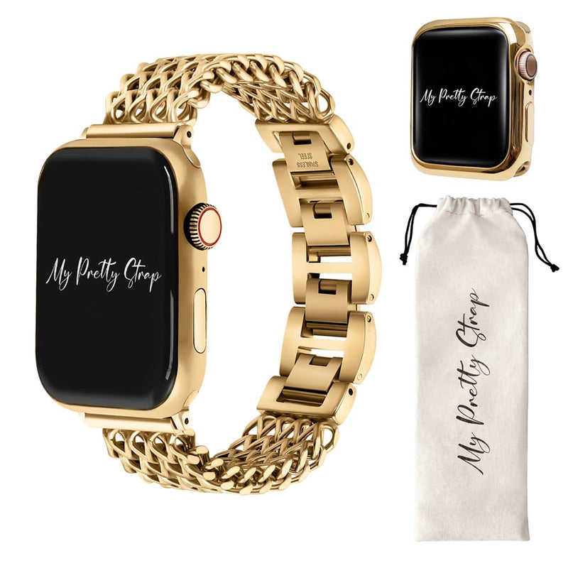 My Pretty Strap Gold Apple Watch Band & Glossy XOXO Protective Case Bundle – Elegant Stainless Steel Strap & Luxury Metal Cover for Apple Watch Series 1-11, SE & Ultra (40MM) Mermaid