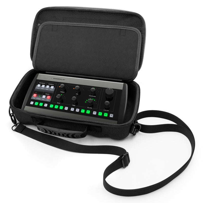 CASEMATIX Mixer Case Compatible With Behringer P16 Stage Mixer and P16-HQ Powerplay In Ear Accessories, Cables and Power Adapters, Fits Mixers up to 12.0” x 6.0” x 2.5” With Shoulder Strap