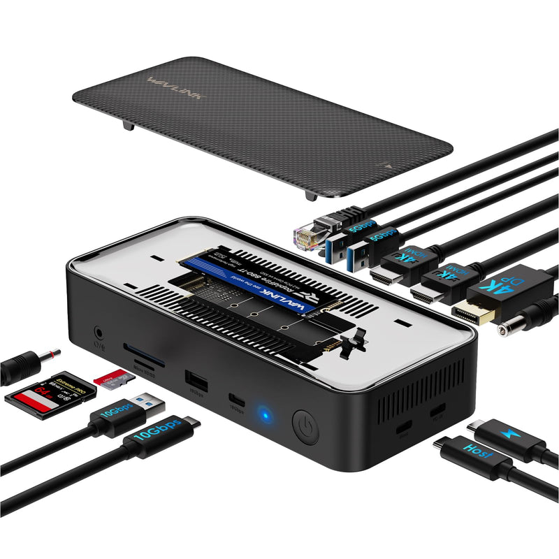 WAVLINK Laptop Docking Station 3 Monitors, 12-1 USB Hub with 10Gbps M.2 PCIe/SATA SSD Enclosure, Expands MacBook/Mac mini (M4/M3/M2/M1), 4K@60Hz HDMI/DP, 100W PD, with 20V2A Independent Power Adapter