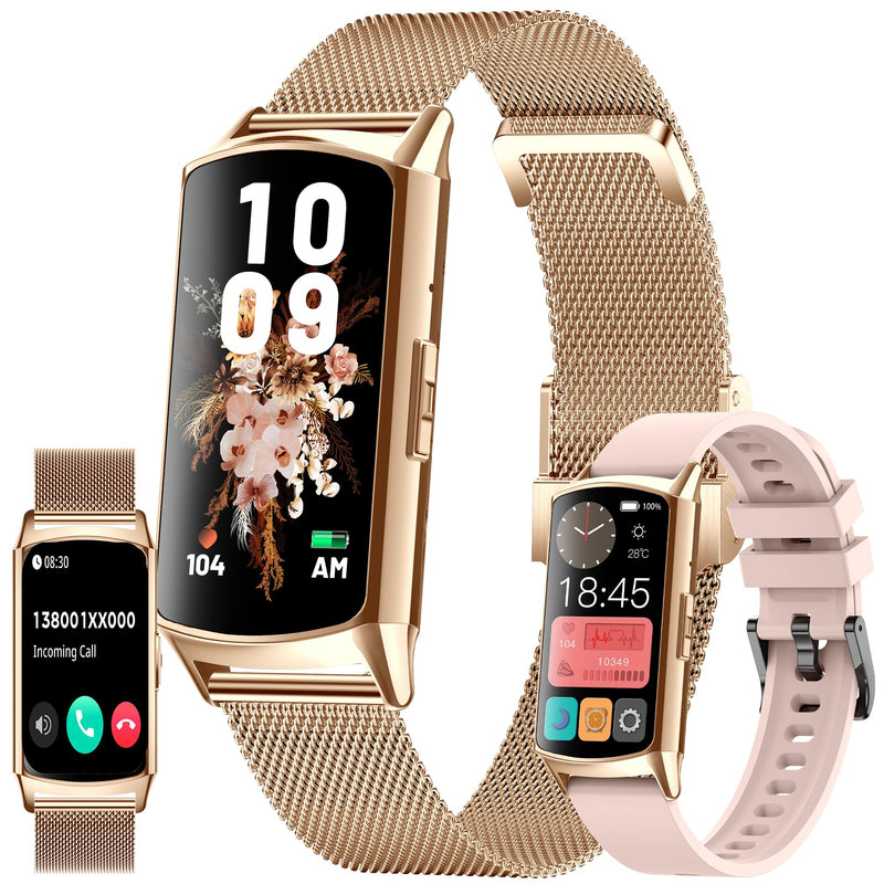 ZPIMY 1.58” AMOLED Smart Watch for Women (Make/Answer Call), 5ATM Waterproof Mens Smartwatch, Fitness Tracker Smartwatch for Android iPhones, Digital Watches Step Counter, 2 Straps (Gold) Gold