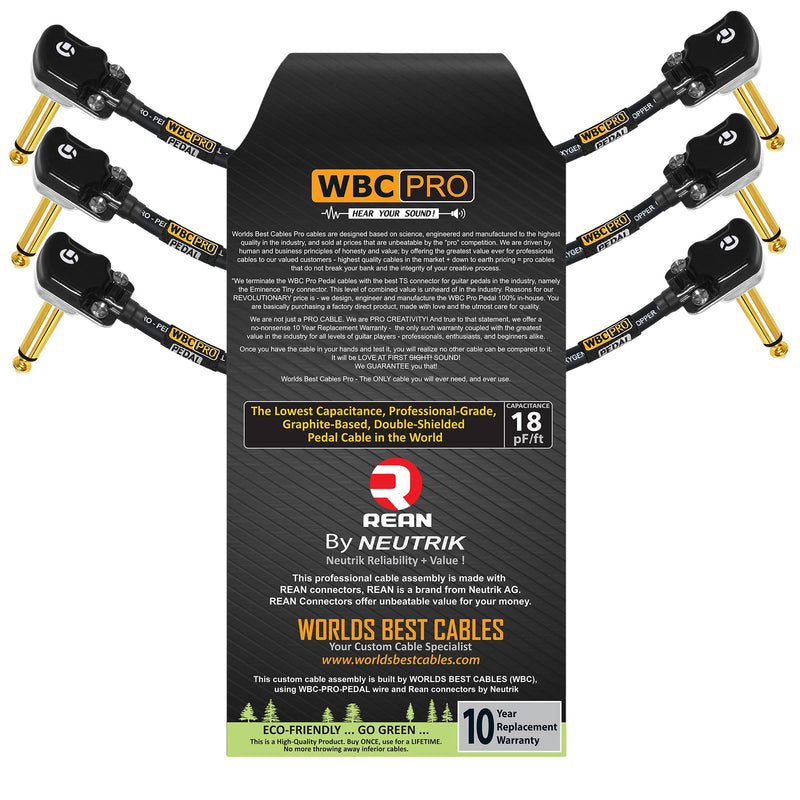 3 Units - 6 Inch - WBC-PRO-Pedal – 22 AWG - Low-Cap (18pF/ft) – Pro-Grade – Graphite-Based - Dual-Shielded Pedal, Effects, Patch, Instrument Cable with Neutrik-Rean Gold Plated Pancake TS Connectors