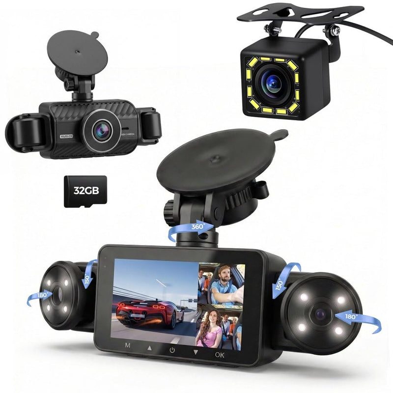 [AUSTRALIA] - 4 Channel Dash Cam 360° View, Include Front & Rear Left Right Camera Support 4 Way Recording, 32GB Card, 3” IPS Screen/Night Vision/WDR/24H Parking/G-Sensor（2G/4G/8G / 3 Split Screen (4 Channel) 