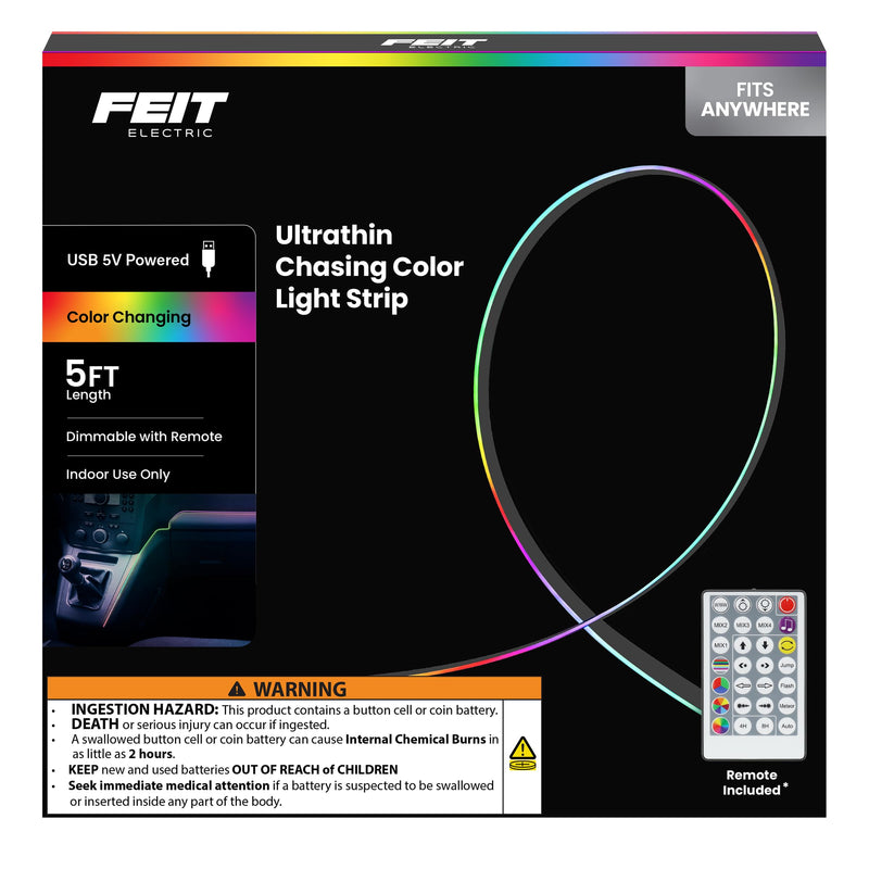 Feit Electric 5ft Indoor LED Light Strip, Dimmable, 0.1-Inch Wide, Multi-Color Chasing, USB-Powered, Filling & Stacking Patterns for Car Dashboards, Desks, Shelves & Furniture, TAPE60/TCOB/RGB/USB RGB (Red, Green, Blue)