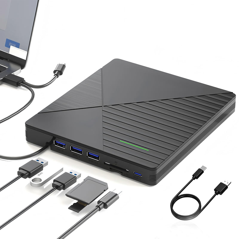 External CD DVD Drive for Laptop Mac with 3 USB Ports and 2 TF/SD Card Slots,USB 3.0 & USB-C CD DVD Optical Disc Reader Burner Player for MacBook Pro Air iMac Laptop PC Windows 11/10/8/7 Linux Mac OS