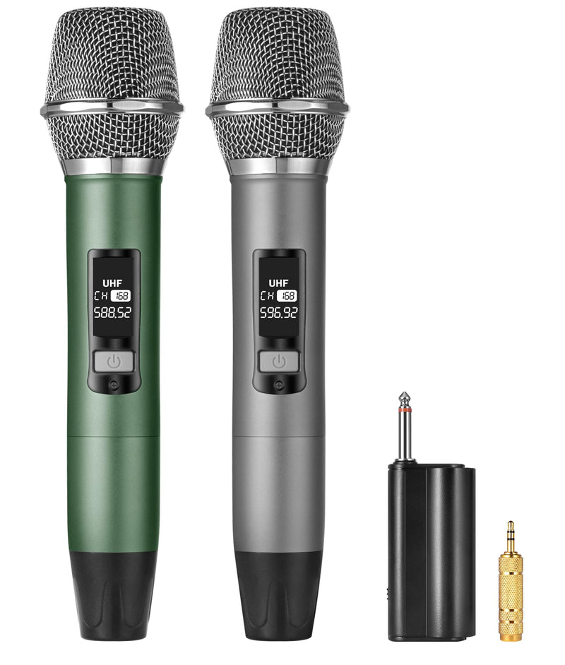 Rechargeable UHF Wireless Microphones, Two Metal Handheld Microphones with 1/4" Receiver, Plug-and-Play for Speaker & PA System, Karaoke Singsing, Lecture, Stage Performance (Green&Grey) Green&Grey