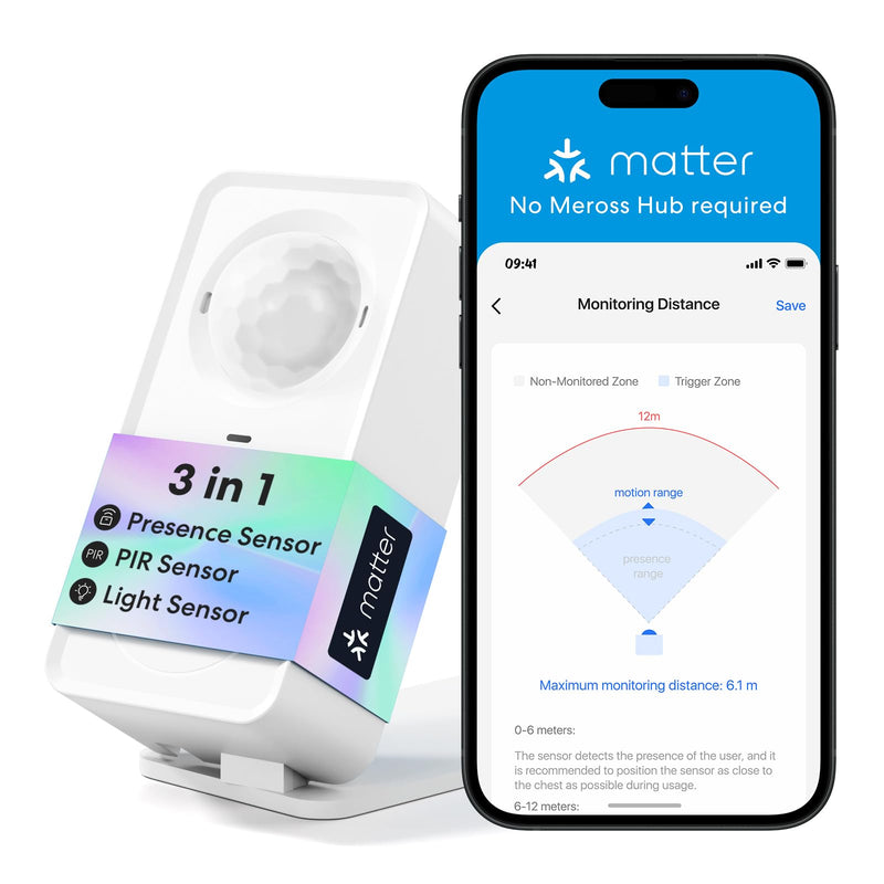 [AUSTRALIA] - meross Matter Human Presence Sensor, 3-in-1 PIR & Light & mmWave Radar Motion Sensor, AI Motion Detector for Matter Smart Home Automation, Supports HomeKit, Alexa, Google, Home Assistant, 2.4GHz Wi-Fi US 