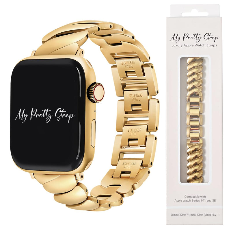 Compatible Apple Watch Band for Women, Stainless Steel- Fits Most Wrists | Series 1-11, SE and Ultra- iWatch Replacement Strap, Easy Resizing- No Tool Needed- Metal Fashion Watch Band Ripple Gold 38MM / 40MM/ 41MM / (Series 10& 11 - 42 MM)