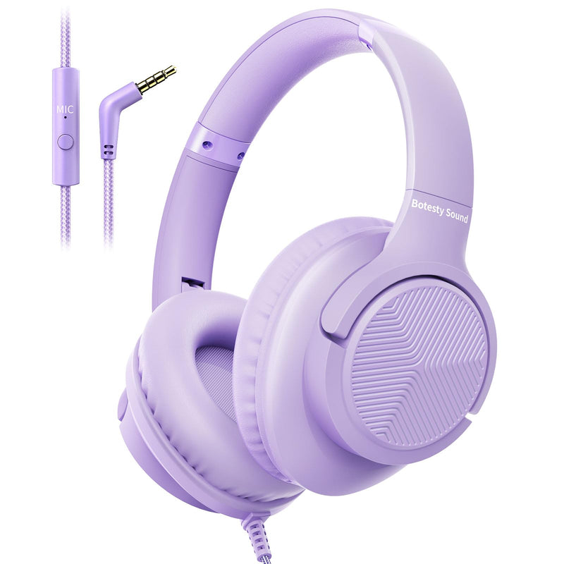 Botesty Sound Headphones Wired with Microphone, Over Ear Foldable 3.5mm Plug in Headphones with 4.9ft Tangle-Free Nylon Cord for Tablet, Laptop, MP3/4, School, Airplane Travel (Purple) Purple