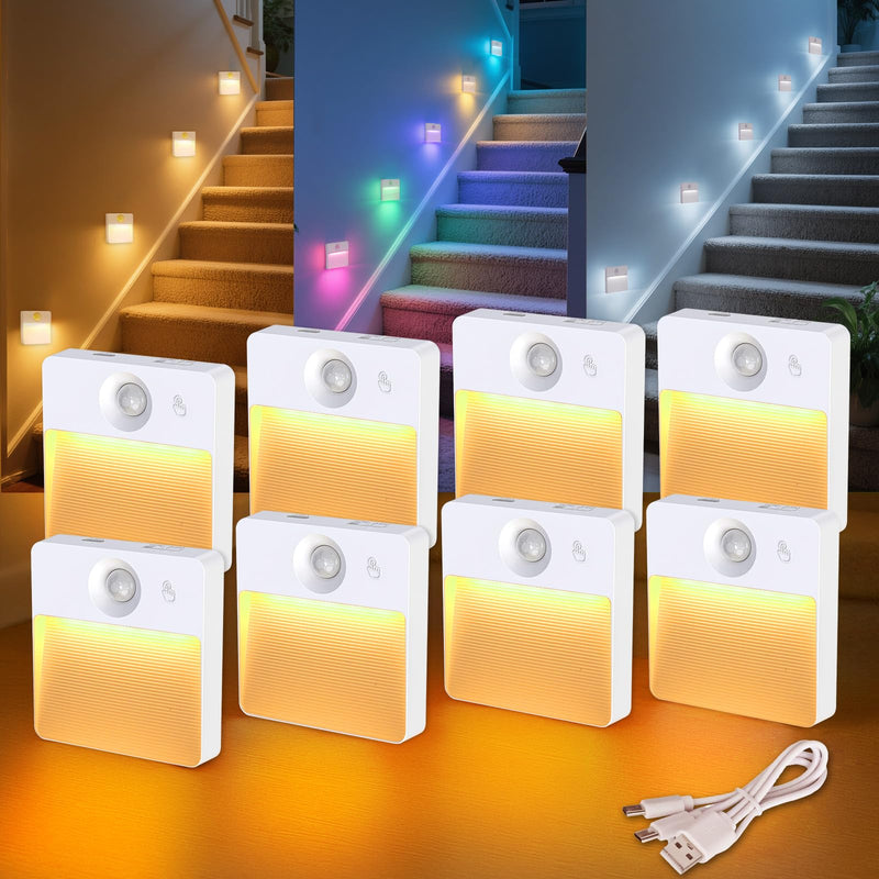 [AUSTRALIA] - Guankai 8 Pack Rechargeable Motion Sensor Stair Light for Indoor, RGBW Battery Operated Closet Lights, Stick On Night Lamp, Motion Activated Magnetic Lighting Lamps for Step,Cabinet,Hallway,Bathroom White 