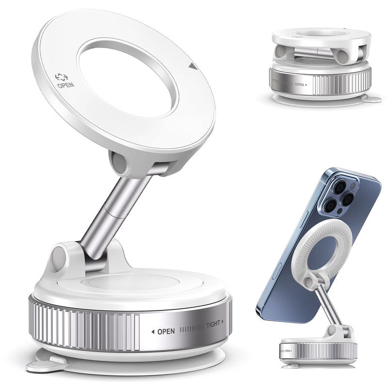 Jikasho Magnetic Phone Holder for Car, Suction Cup Phone Mount for Magsafe | 360° Adjustable Vacuum Car Phone Mount, Hands-Free Phone Holders for Your Car for iPhone 17 Pro Max 16 15 14 13 12 Air Plus White