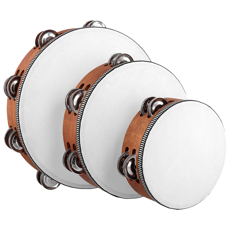 3 Pack Wooden HandHeld Tambourine Set, 6 Inch 8 Inch 10 Inch Double Row Tambourines for Adults for Party, Dance, Wedding, Brown