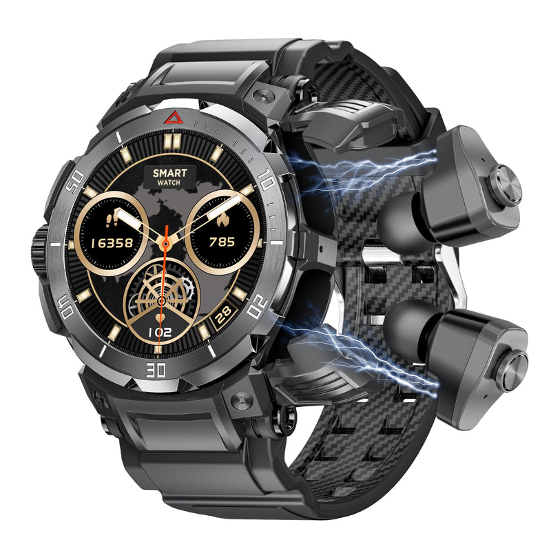 Smart Watch with Earbuds for Men, 1.53" HD Screen Military Watch, Answer/Make Calls, Sports Fitness Trackers with Heart Rate, Blood Oxygen, Sleep Monitor, for Men Dad Husband 98black