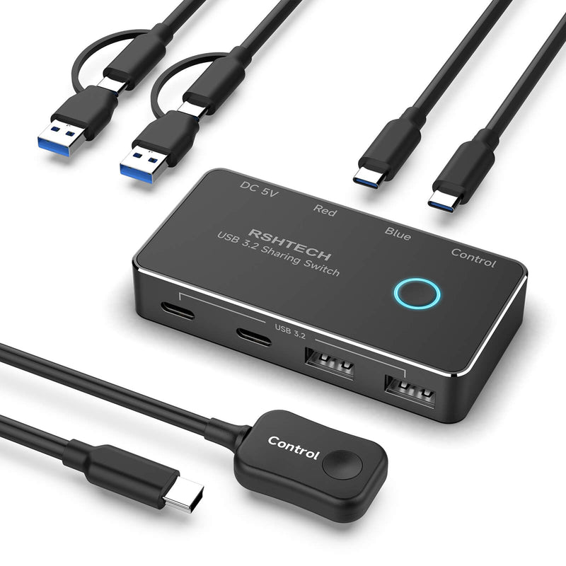 [AUSTRALIA] - RSHTECH USB 3.2/USB C Switch 10Gbps 2 Computers Share 4 USB 3.2 Ports(2 USB-A+2 USB-C), USB Switcher Selector with 2 Cables and Controller for PC Laptop (No Video Output or Charging) 