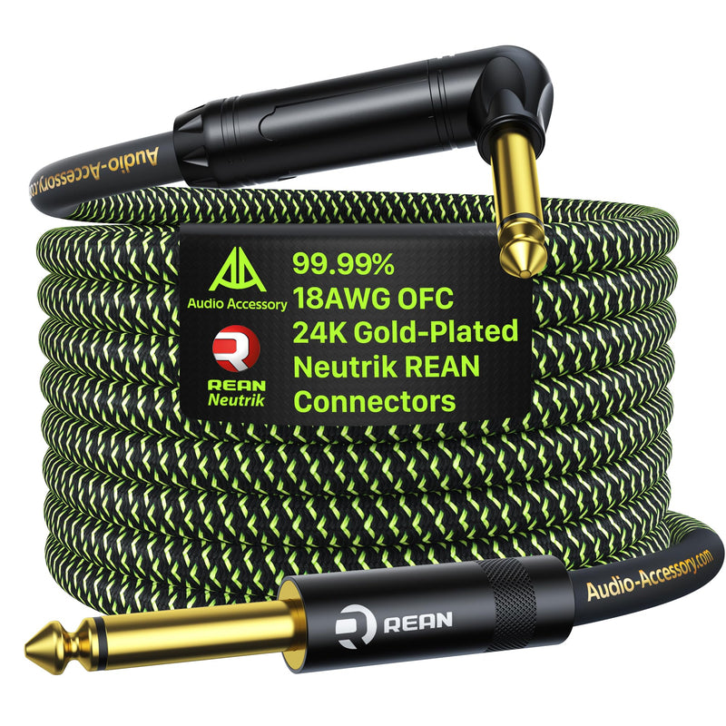 [AUSTRALIA] - Pro Bass Guitar Cable 10 ft, Gold-Plated Neutrik REAN Connector, 18 AWG OFC, Braided 1/4 Inch Instrument Cable for Fender Electric Bass Guitar Combo Amp Rumble Marshall, Right Angle 