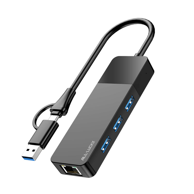 USB A/C to Ethernet Adapter, 3xUSB3.0 and 1000M RJ45 Network hub for Laptop | Plug & play 4-in-1 USB C Hub, Gigabit LAN for Mac/Chrome/XPS & USB-C phones/iPad, 3 USB-A ports for mouse/keyboard/USB fan. 1FT -4 in 1 USB A/C to Ethernet Adapte