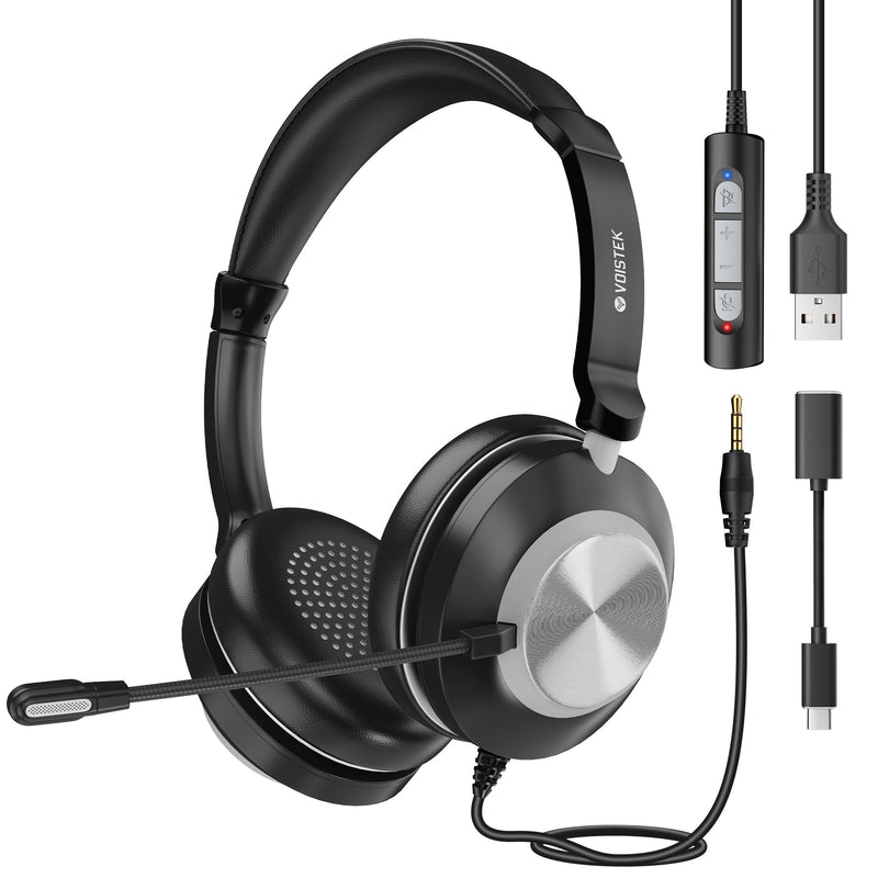 Voistek USB Headset with Microphone for Laptop/PC, On Ear Computer Headphones with Noise Cancelling Microphone in-line Control for Home Office Online Classes Zoom Skype