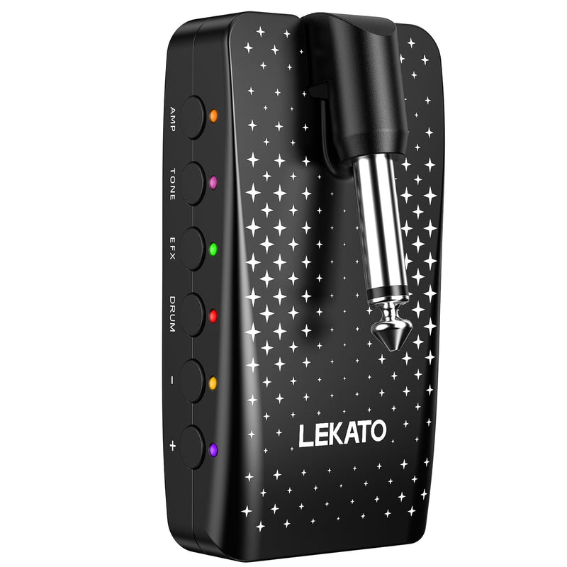 Guitar Headphone Amp, LEKATO Headphones Amplifier for Electric Guitar and Bass, Features 28 Drum Grooves, 14 Effects, 14 Amp Models, Built-in Bluetooth Streaming, OTG Recording, USB Rechargeable Black-Stars