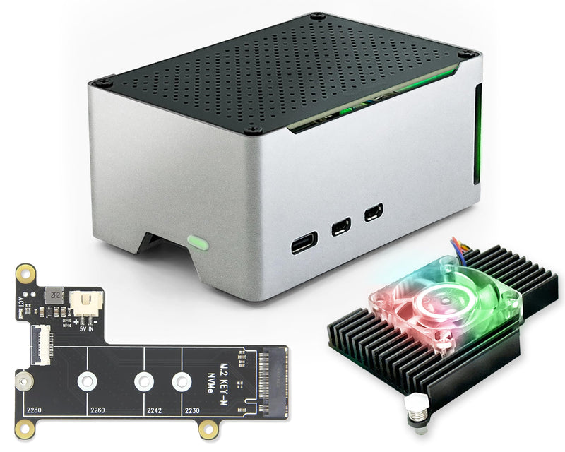 ElectroCookie Raspberry Pi 5 Case, Aluminum Compact Case with M.2 NVMe SSD PCIe HAT and Active RGB Lighting Cooler (Black Case + M.2 HAT[X1001])