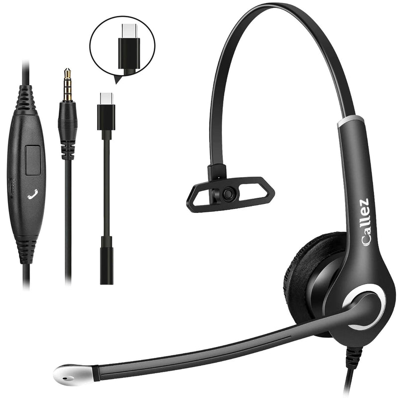 Callez Wired Computer Headset, 3.5mm/USB-C Headset with Mic Noise Cancelling, Cell Phone Headphone for PC Laptop Mac iPhone 15/16/17 Samsung Zoom Teams Call Center Home Office Work, in-line Controls Black