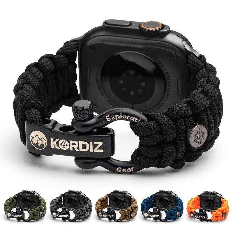KORDIZ Survivor - Nylon Paracord Apple Watch Band Compatible with Apple Watch ULTRA 3, ULTRA 2 / 1 [49mm] & Series 11, 10, 9, 8, 7-1, SE3, SE2, SE [46mm 45mm 44mm 42mm] - with Stainless Steel Adjustable Shackle Black - Ultra 49mm Black Medium