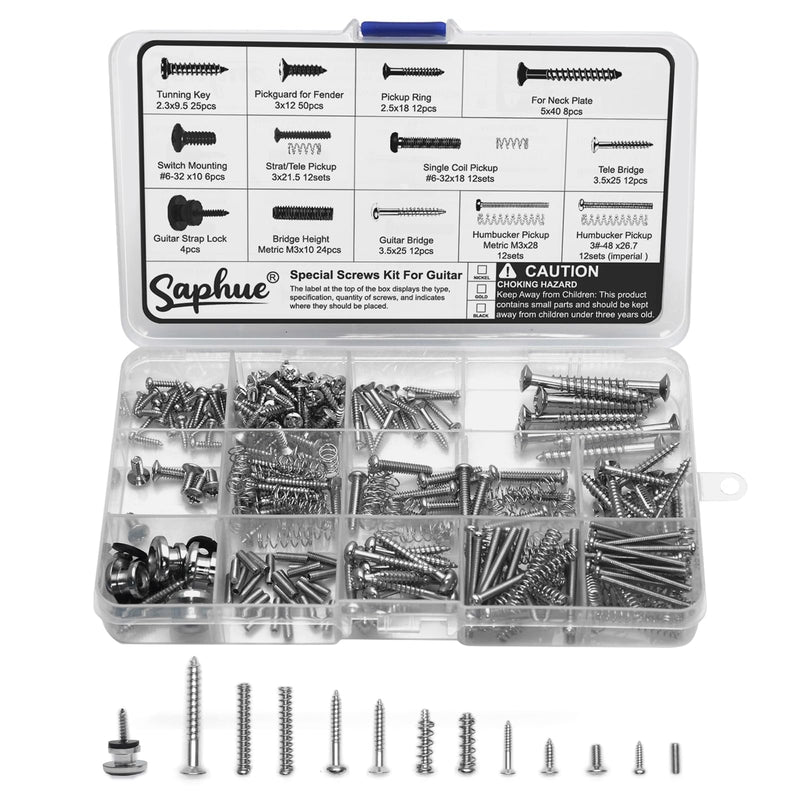 [AUSTRALIA] - SAPHUE Guitar Screw Kit,201pcs Telecaster Kit, Pickguard Screws， Switch Plate Screws,For Fender/Tele/Strat/Sq,Tuner,Machine Head, Neck Plate,Guitar Strap End Pins,Pickup,Bridge, Guitar Repair Kit multi-size (201pcs) Chrome 