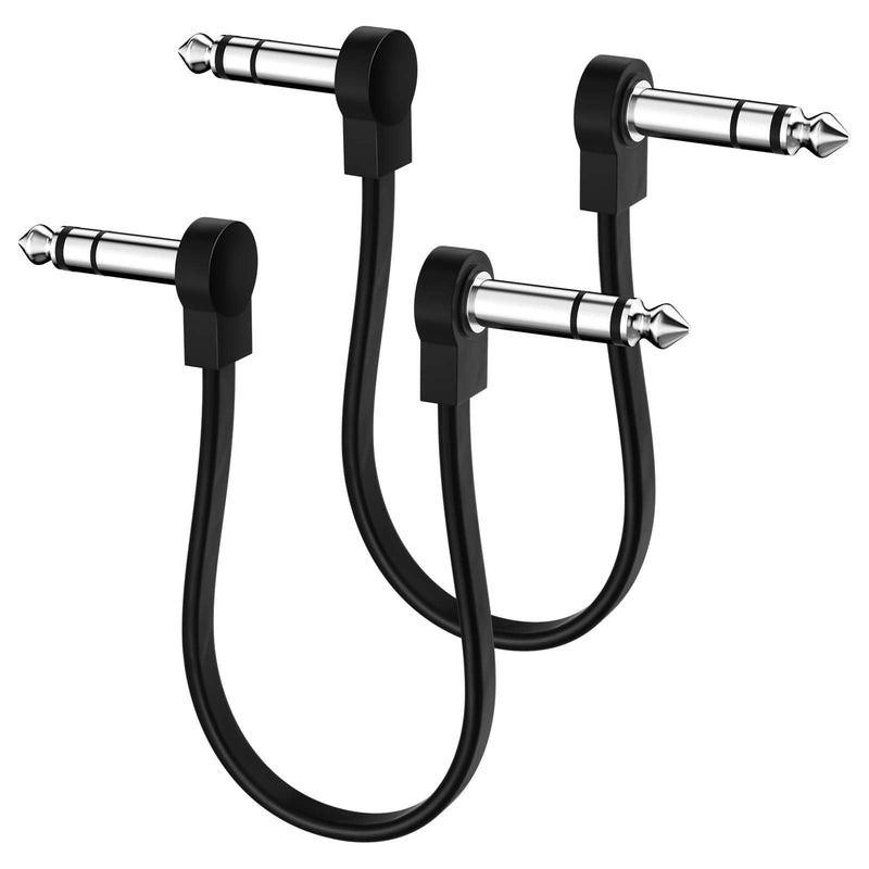 2 Pack Premium 1/4 Inch Stereo TRS Flat Patch Cables, Low Profile to Save More Space TRS Cables with 12 Inch Length, Noise Free and Long-Lasting Guitar Pedal Cable, Right Angle, Black