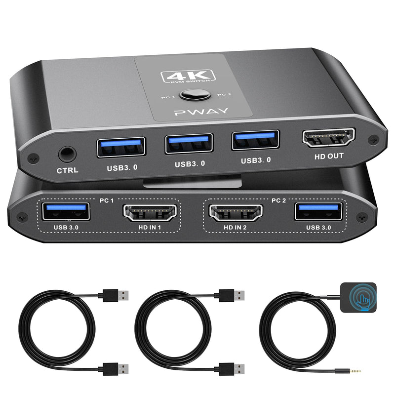 4K@60Hz HDMI Kvm Switch 1 Monitors 2 Computers, Sharing USB Devices with 3 USB 3.0 Ports, Supports Wired Remote and Button Control, EDID Compatible, Suitable for Laptop/Desktop Black