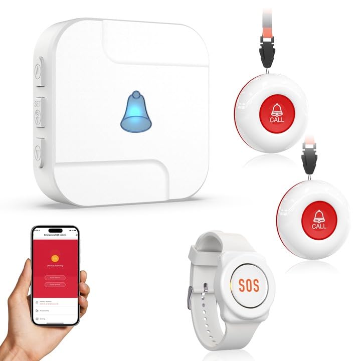 [AUSTRALIA] - WiFi Caregiver Pager System with Emergency Button for Elderly - 1 SOS Alert Watch + 2 Wireless Call Buttons + 1 Receiver for Seniors Patient Disabled Kids (2.4GHz WiFi, No Monthly Fee) 2+1+1 White 02 