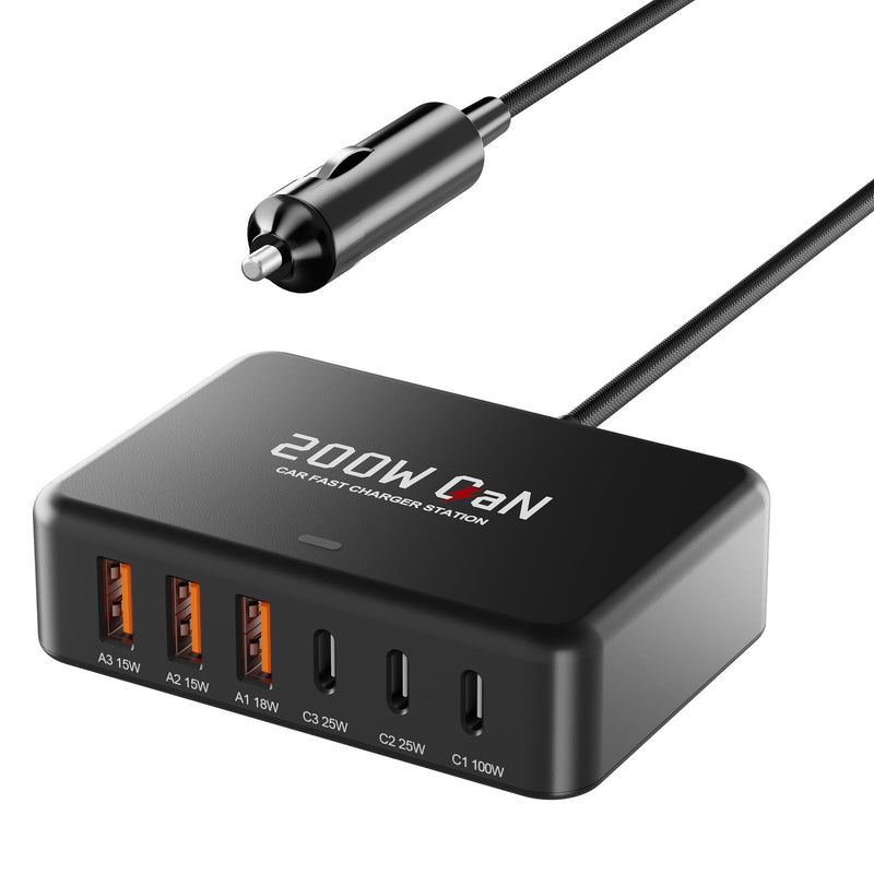 USB C Car Charger, 200W GaN 6-Port USB C Car Charger for MacBook Pro/Air, Dell/Lenovo Laptop, PD3.0/PPS for iPhone 17/16/15 Series, iPad, Samsung Galaxy S25 Ultra / S24 Series and More