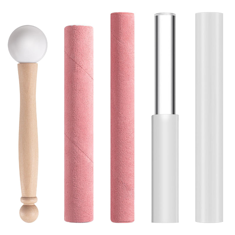 [AUSTRALIA] - Nuanchu 5 Pcs Crystal Singing Bowl Mallet Set Includes Sheepskin Solid and Hollow Sound Sticks Singing Bowl Rubber Mallet with Wood Handle Clear Acrylic Striker for Playing (Pink) Pink 