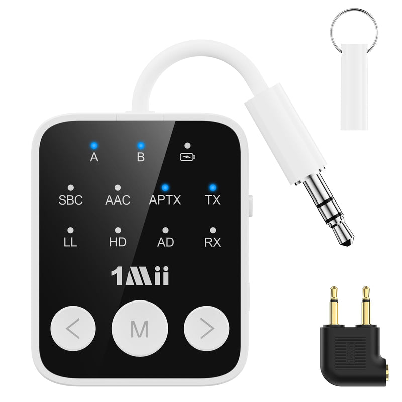 [AUSTRALIA] - 1Mii Bluetooth 5.3 Transmitter Receiver 2-in-1, aptX Adaptive & Low Latency Wireless Audio Adapter for Airplane, Dual Link 2 Devices, 25H Playtime, 3.5mm AUX for TV/Car/Home Stereo/Gym -White 