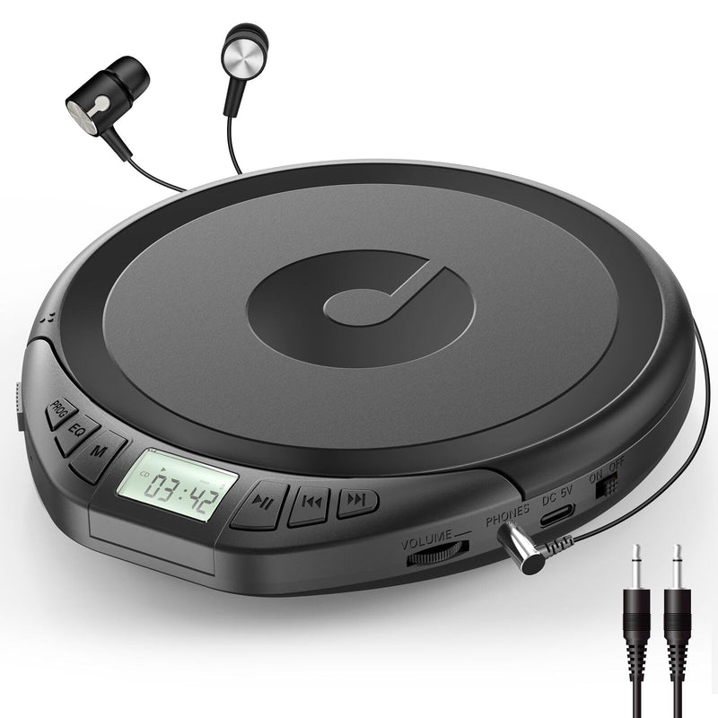 [AUSTRALIA] - Gueray Portable CD Player with Earphones,CD Discman for Car Home with Anti-Skip Shockproof Protection,Personal Discman CD Music Player with LCD Display Support PROG Memory Function H-01 Black 