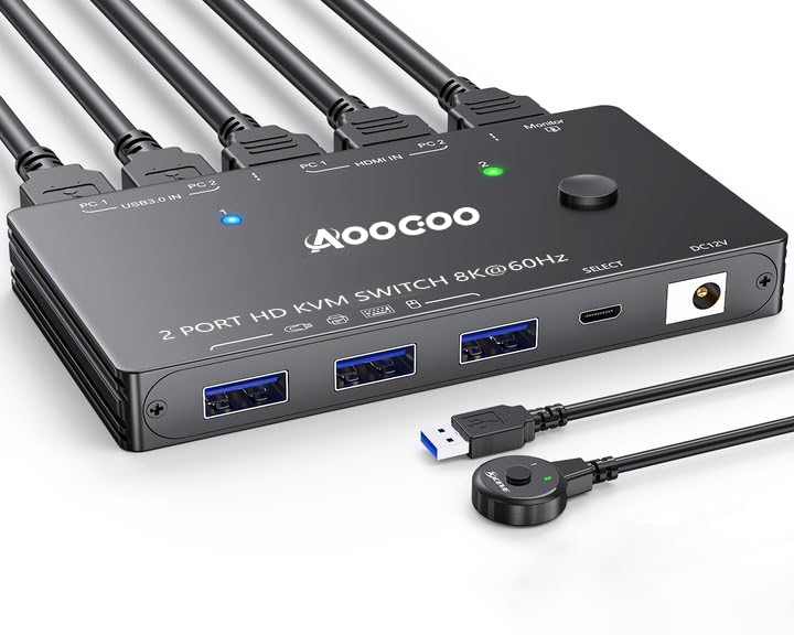 8K@60Hz HDMI KVM Switch 1 Monitors 2 Computers 4K@144Hz KVM Switches with USB 3.0 Port,Wired Remote,Power Adapter and USB3.0 Cables Included(10cm 2 PC 1 Monitor 8K KVM) 10 cm