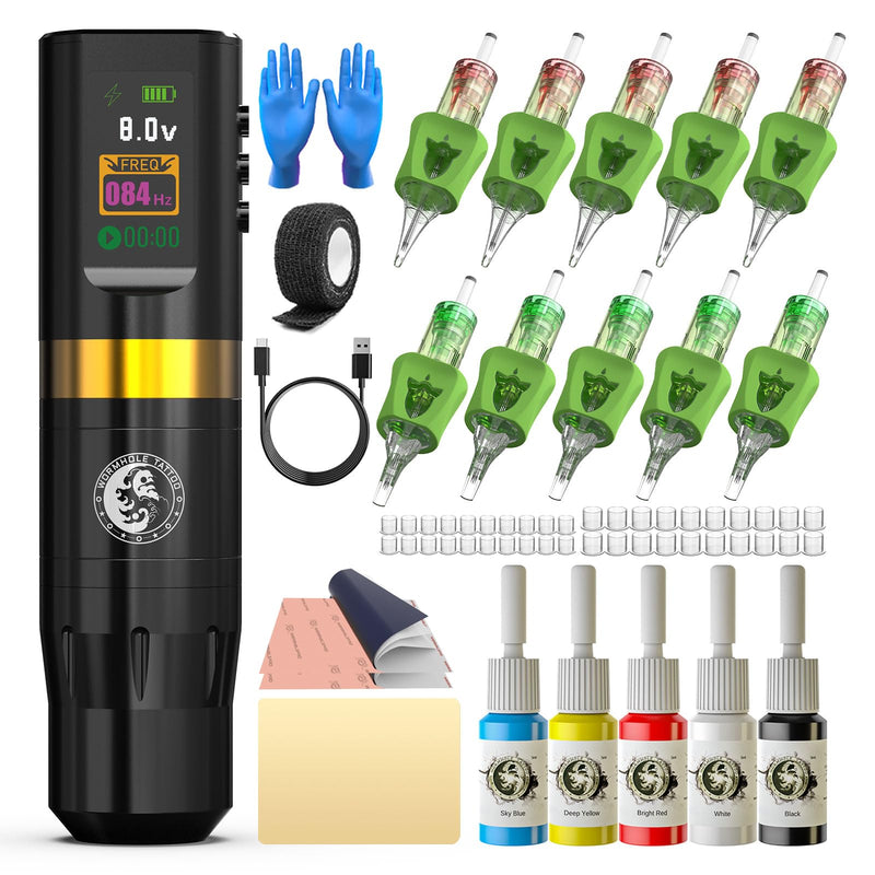[AUSTRALIA] - Wormhole Tattoo 58Pcs Complete Tattoo Gun Kit - Aluminum Alloy LED Smart Tattoo Pen Wireless Tattoo Machine with 1800mAh Battery for Tattoo Beginners - Black WTK313 